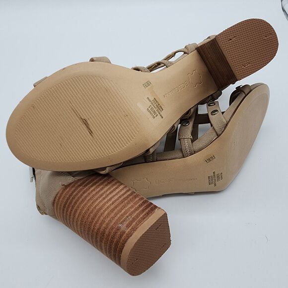 Bcbgeneration Chasta Strappy Sandals Size 9.5M Tan Block Heel Caged Studded - Picture 13 of 13